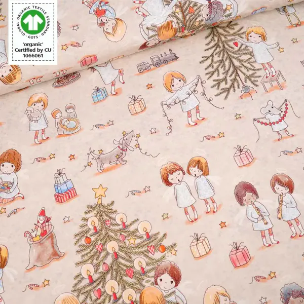 Hovedbilde Økologisk bomullsjersey, julefest beige