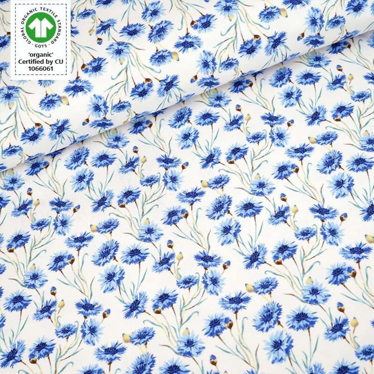 Økologisk jersey, cornflowers småblomstret